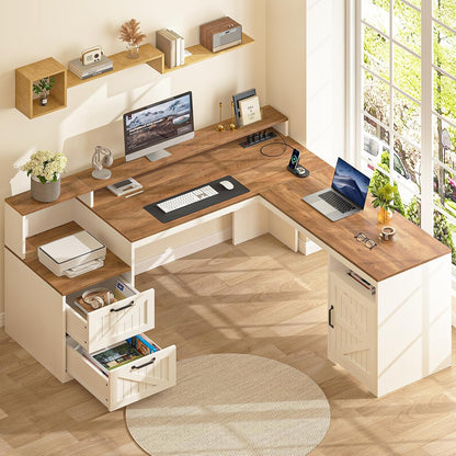 63" Farmhouse L Shaped Desk with Drawers & Printer Shelf for Home Office