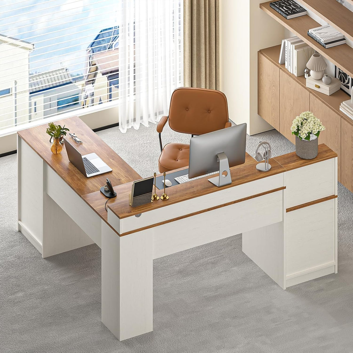 63" Farmhouse L Shaped Desk with Drawers & Printer Shelf for Home Office