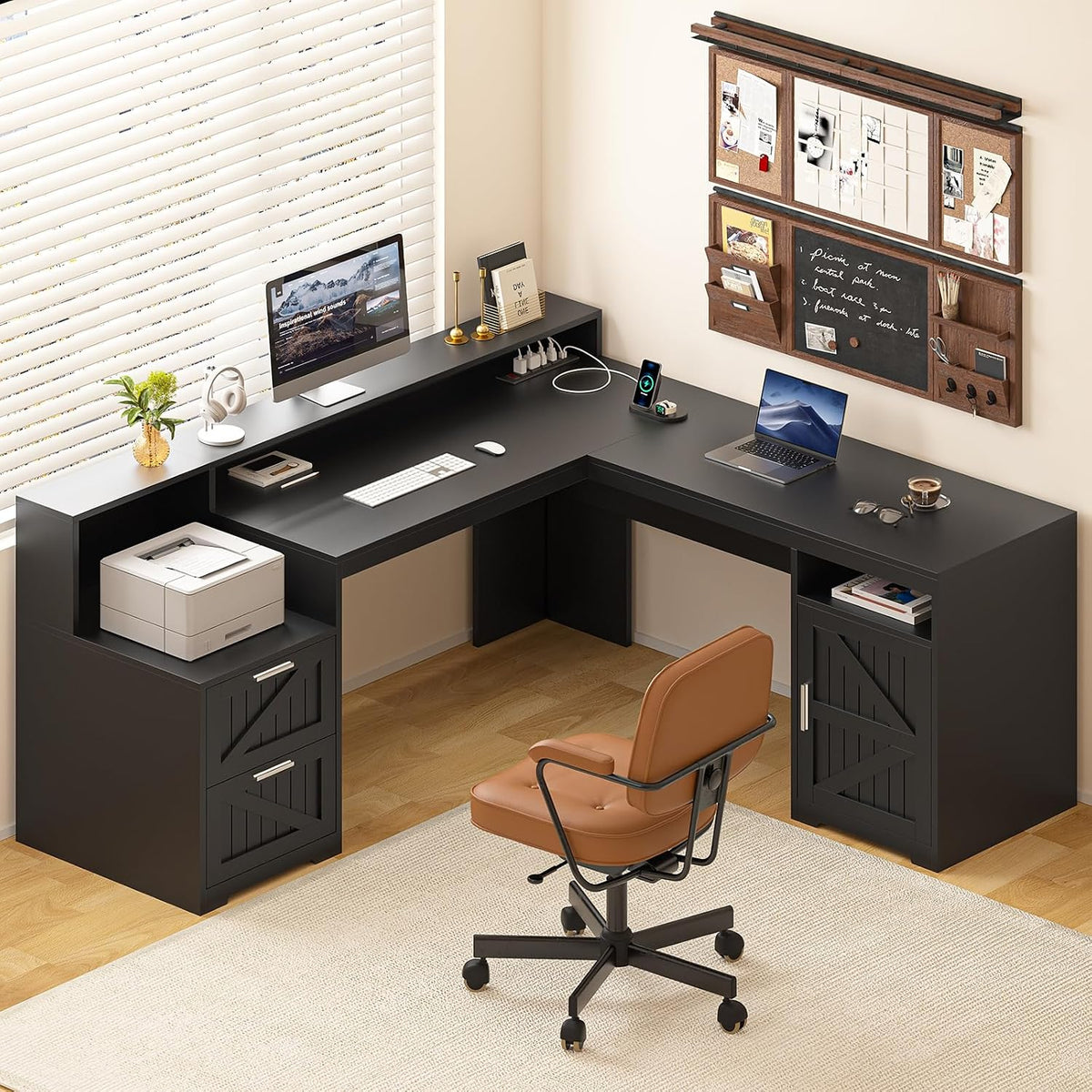 63" Farmhouse L Shaped Desk with Drawers & Printer Shelf for Home Office