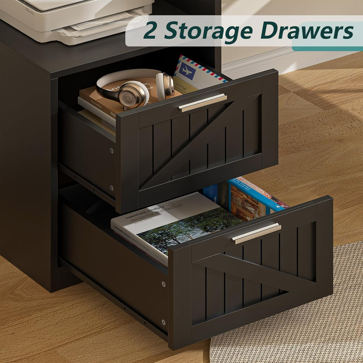 63" Farmhouse L Shaped Desk with Drawers & Printer Shelf for Home Office