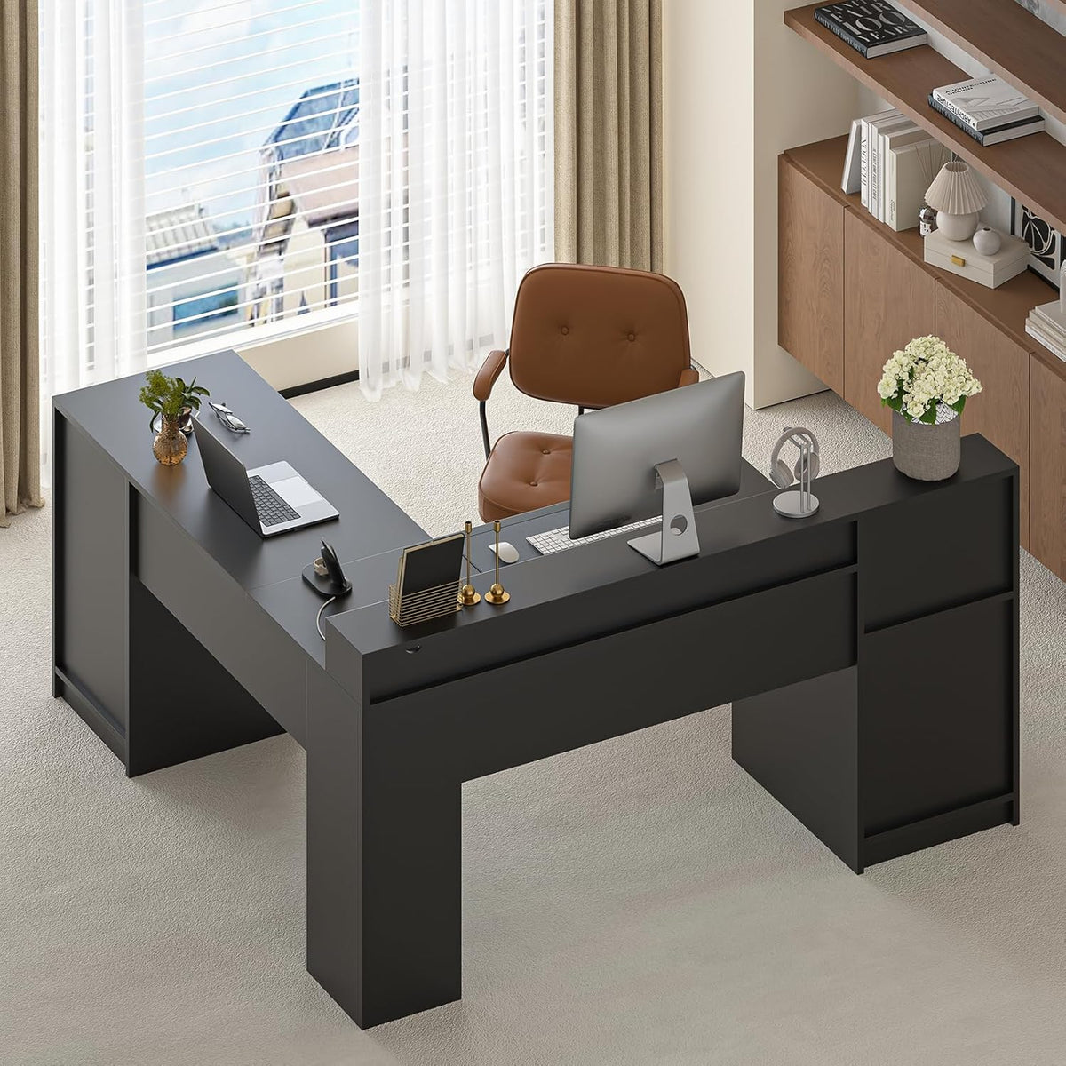 63" Farmhouse L Shaped Desk with Drawers & Printer Shelf for Home Office