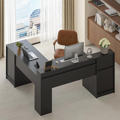 63" Farmhouse L Shaped Desk with Drawers & Printer Shelf for Home Office