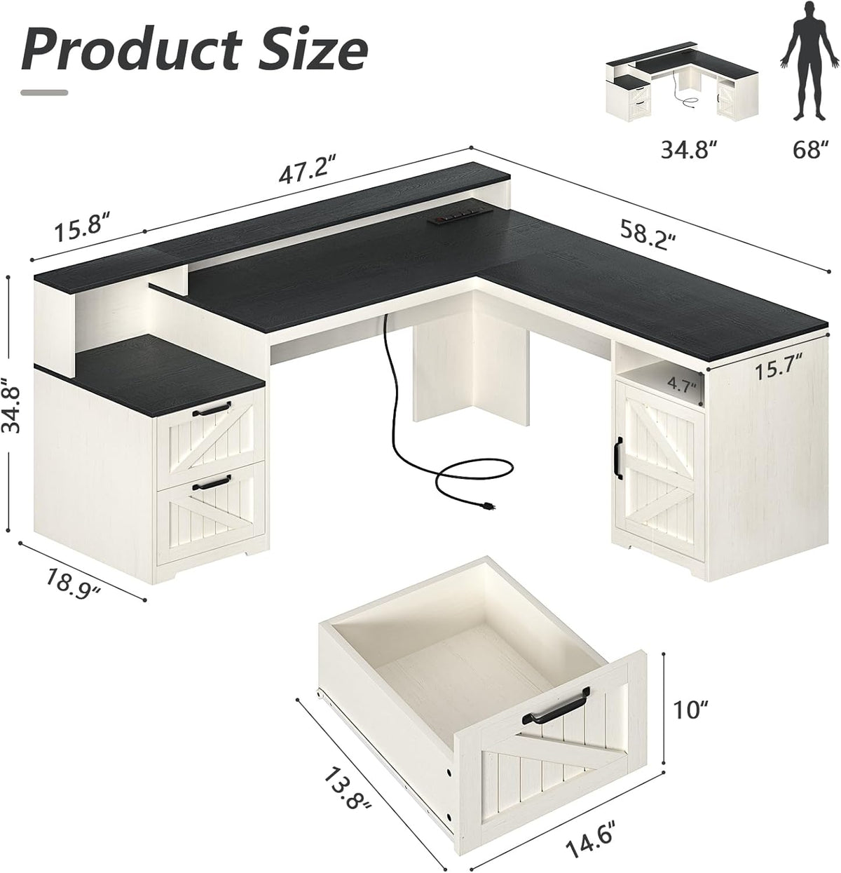 63" Farmhouse L Shaped Desk with Drawers & Printer Shelf for Home Office