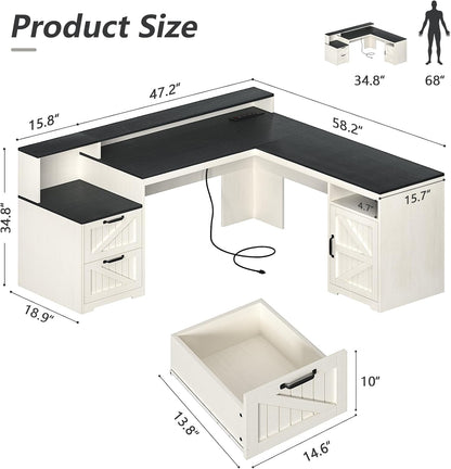 63" Farmhouse L Shaped Desk with Drawers & Printer Shelf for Home Office