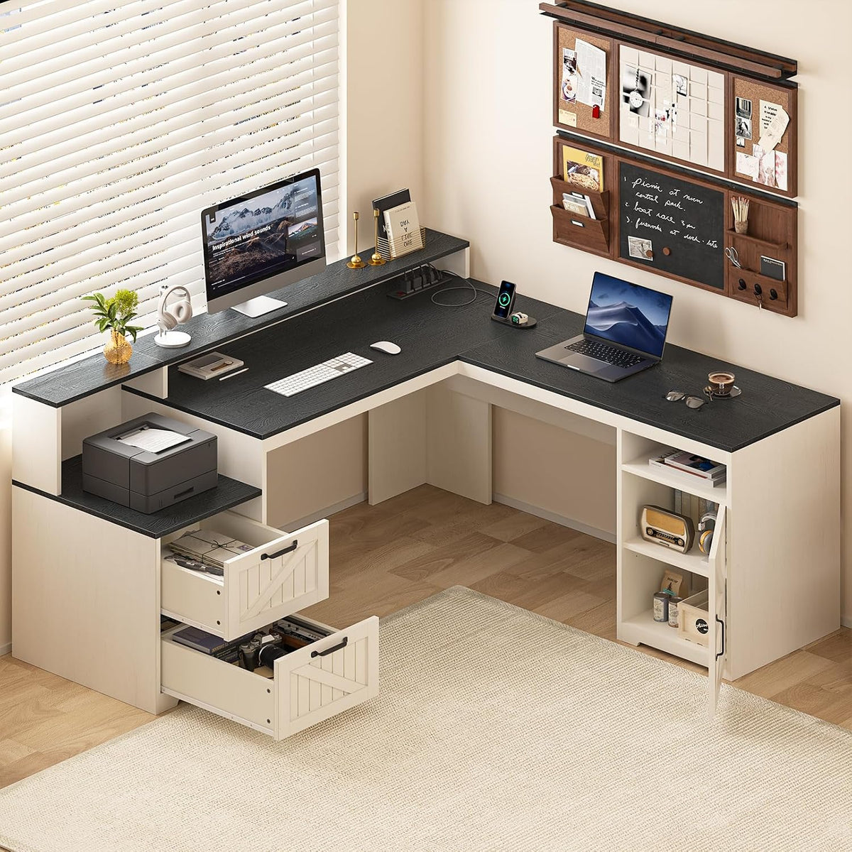 63" Farmhouse L Shaped Desk with Drawers & Printer Shelf for Home Office