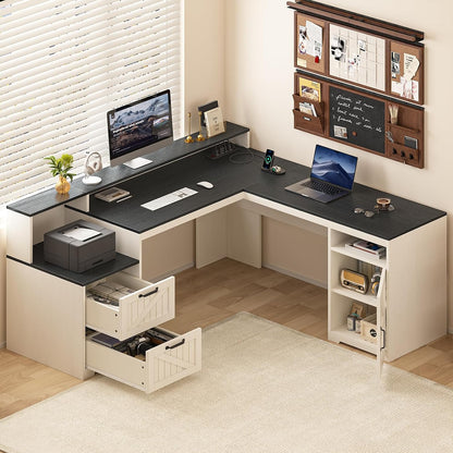 63" Farmhouse L Shaped Desk with Drawers & Printer Shelf for Home Office