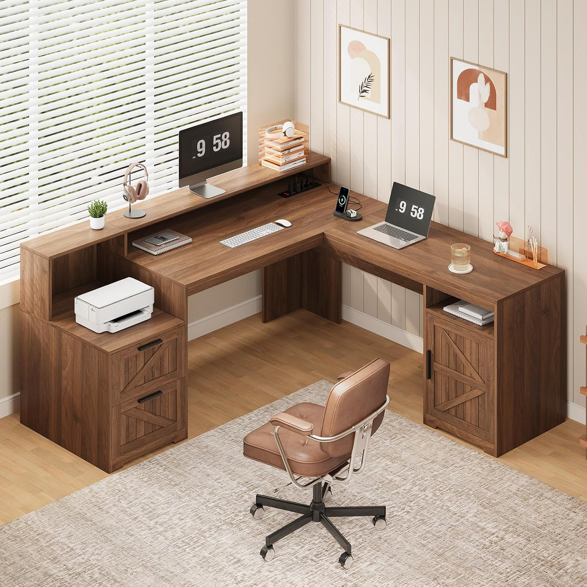 63" Farmhouse L Shaped Desk with Drawers & Printer Shelf for Home Office