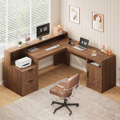 63" Farmhouse L Shaped Desk with Drawers & Printer Shelf for Home Office