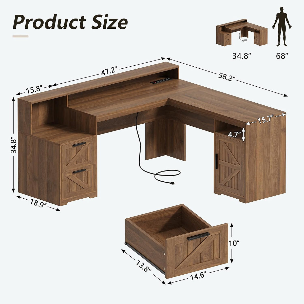 63" Farmhouse L Shaped Desk with Drawers & Printer Shelf for Home Office