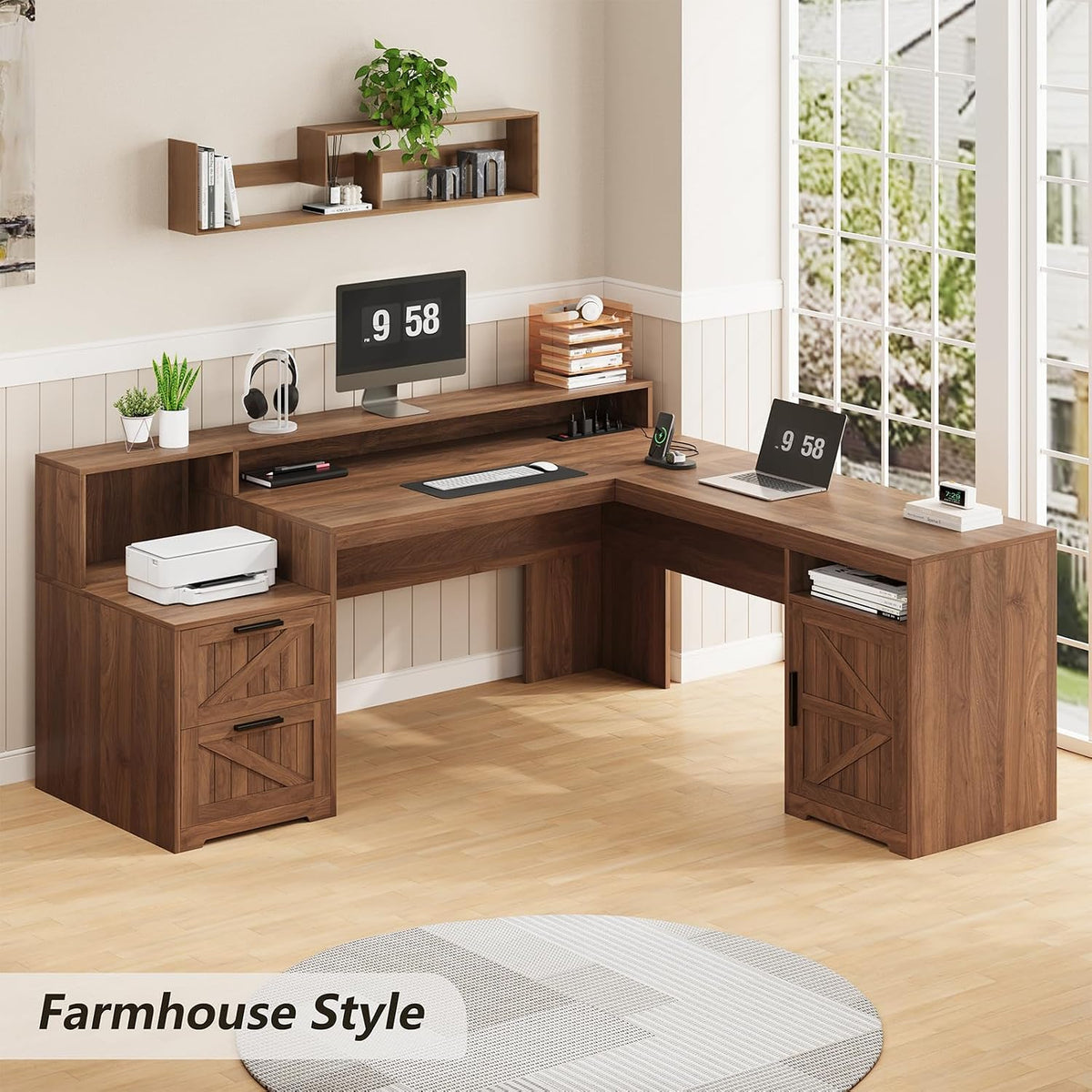 63" Farmhouse L Shaped Desk with Drawers & Printer Shelf for Home Office