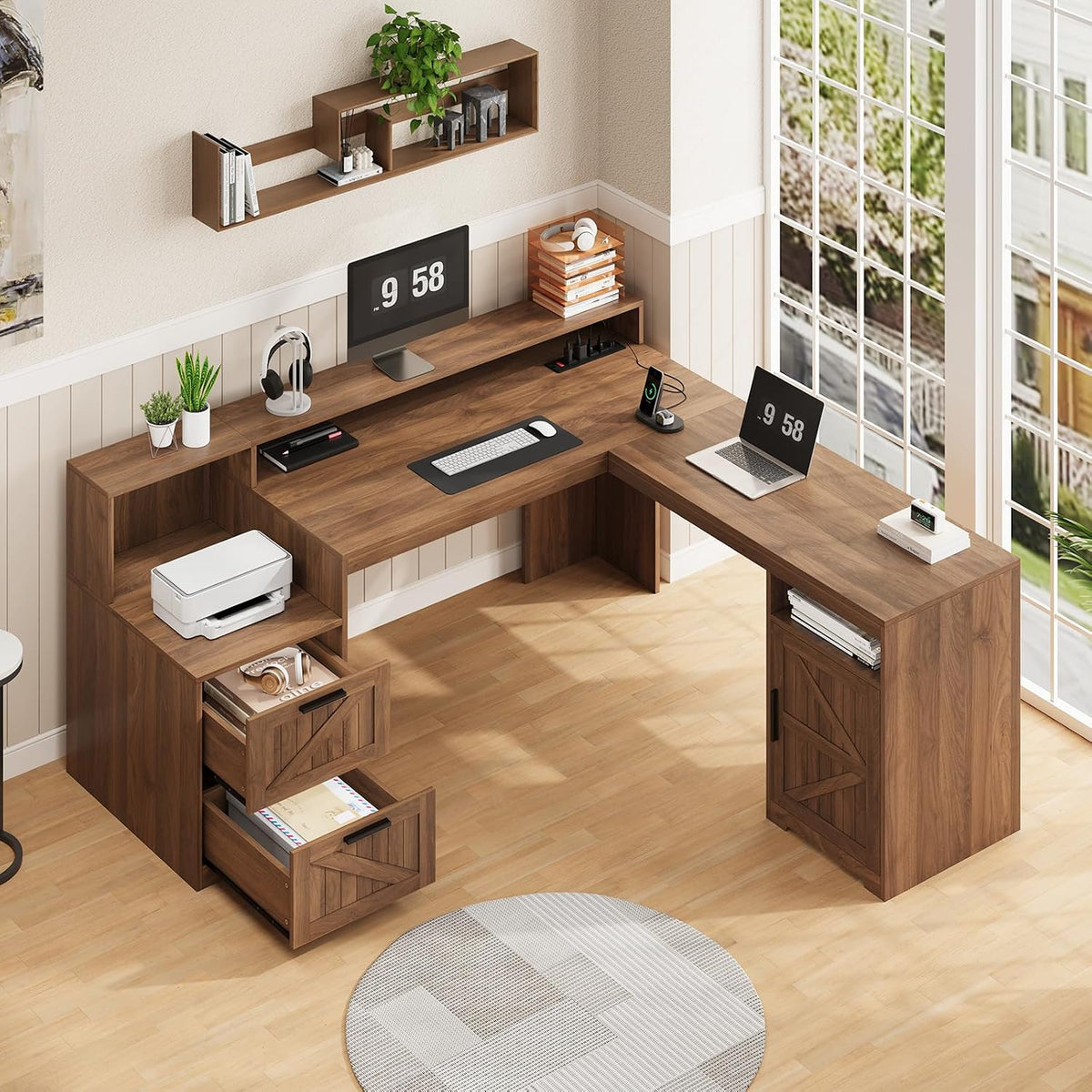 63" Farmhouse L Shaped Desk with Drawers & Printer Shelf for Home Office