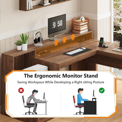 63" Farmhouse L Shaped Desk with Drawers & Printer Shelf for Home Office
