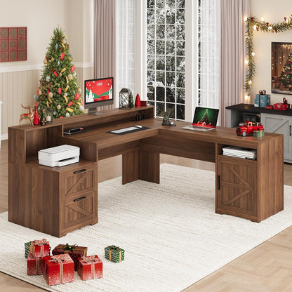 63" Farmhouse L Shaped Desk with Drawers & Printer Shelf for Home Office
