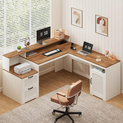 63" Farmhouse L Shaped Desk with Drawers & Printer Shelf for Home Office