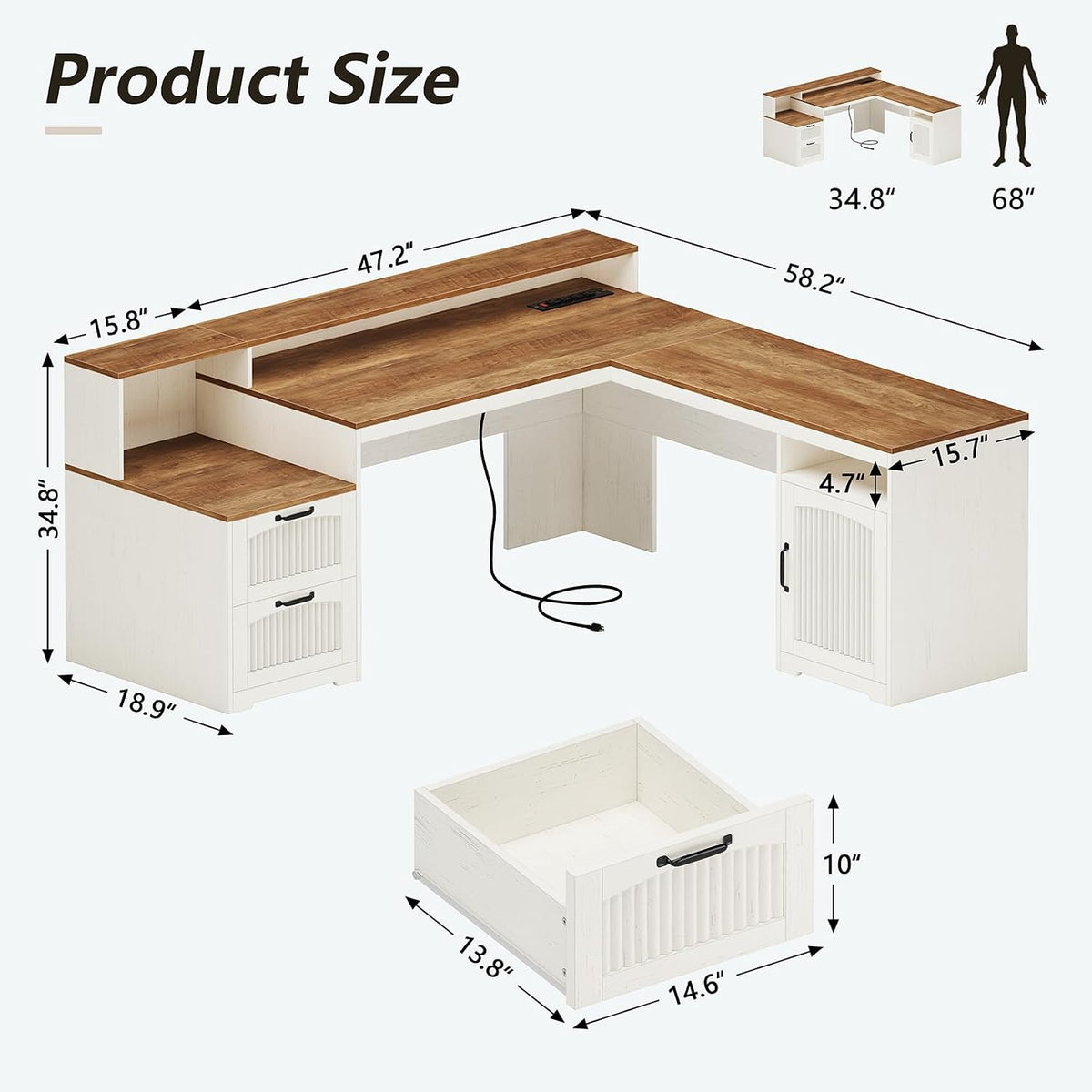 63" Farmhouse L Shaped Desk with Drawers & Printer Shelf for Home Office