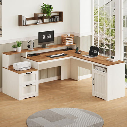 63" Farmhouse L Shaped Desk with Drawers & Printer Shelf for Home Office