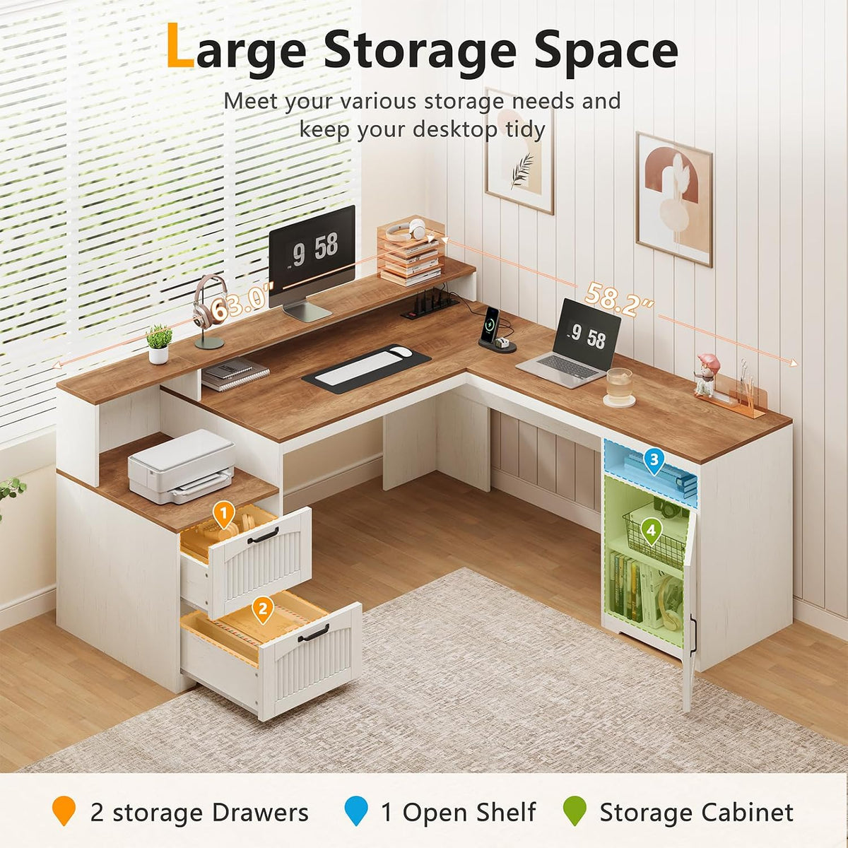63" Farmhouse L Shaped Desk with Drawers & Printer Shelf for Home Office