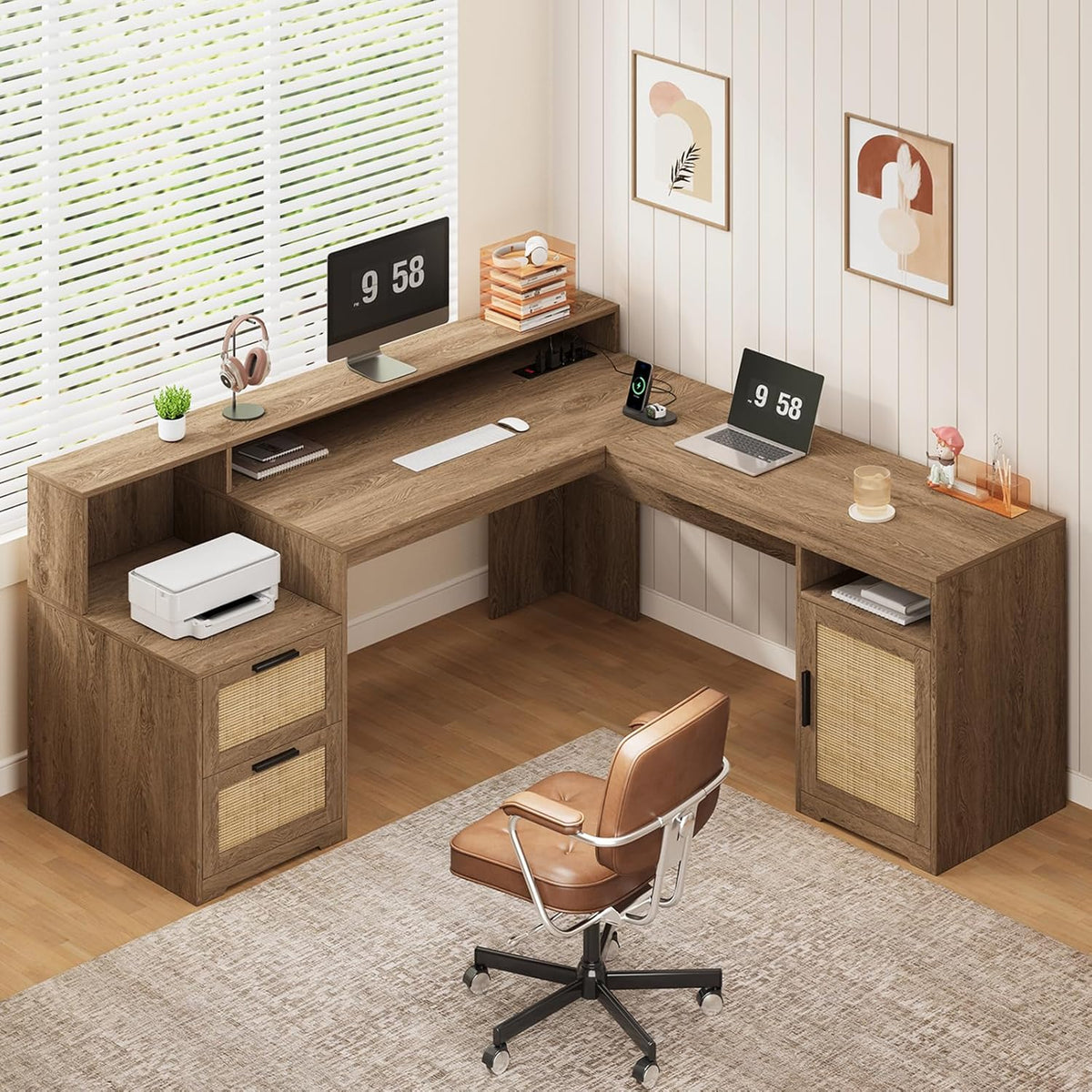 63" Farmhouse L Shaped Desk with Drawers & Printer Shelf for Home Office