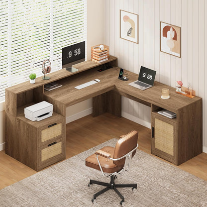 63" Farmhouse L Shaped Desk with Drawers & Printer Shelf for Home Office