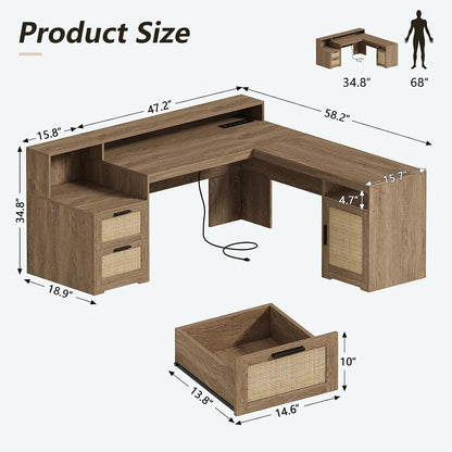 63" Farmhouse L Shaped Desk with Drawers & Printer Shelf for Home Office