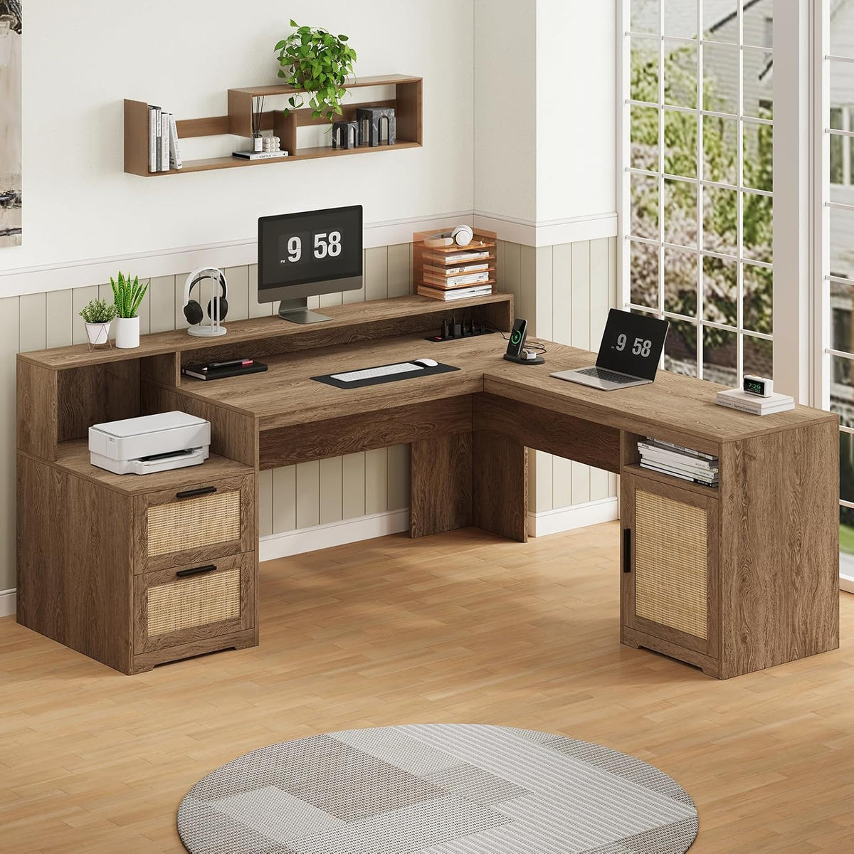63" Farmhouse L Shaped Desk with Drawers & Printer Shelf for Home Office
