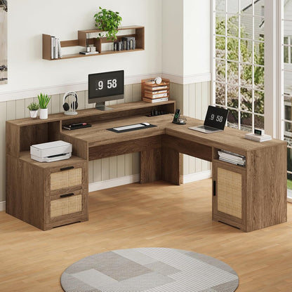 63" Farmhouse L Shaped Desk with Drawers & Printer Shelf for Home Office