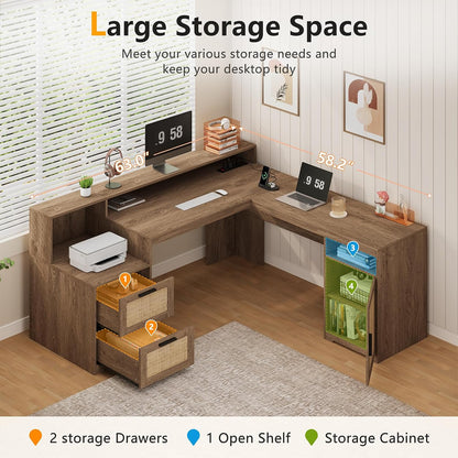 63" Farmhouse L Shaped Desk with Drawers & Printer Shelf for Home Office