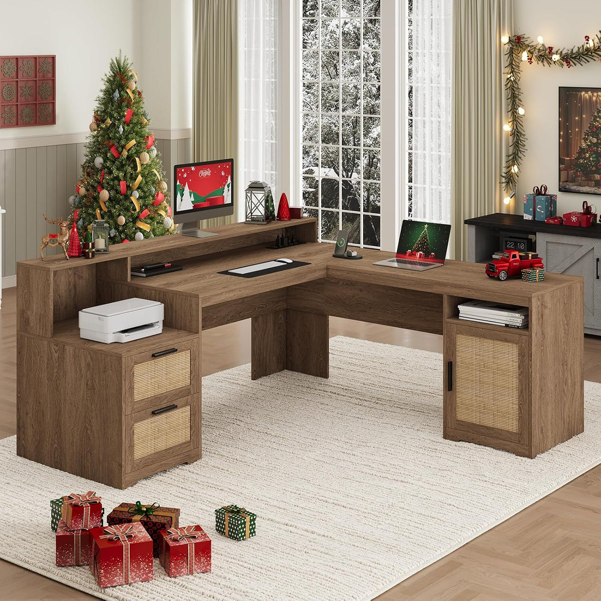 63" Farmhouse L Shaped Desk with Drawers & Printer Shelf for Home Office