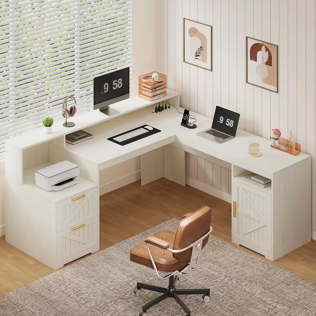 63" Farmhouse L Shaped Desk with Drawers & Printer Shelf for Home Office