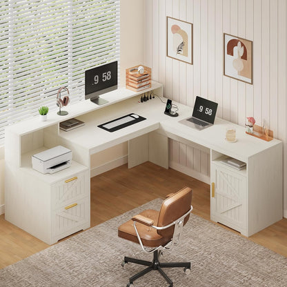 63" Farmhouse L Shaped Desk with Drawers & Printer Shelf for Home Office