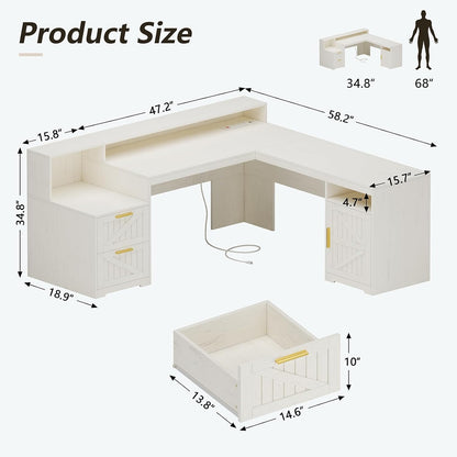 63" Farmhouse L Shaped Desk with Drawers & Printer Shelf for Home Office