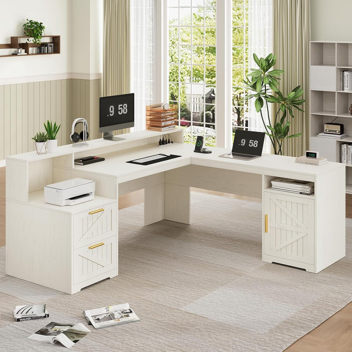 63" Farmhouse L Shaped Desk with Drawers & Printer Shelf for Home Office