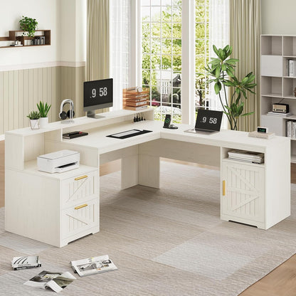 63" Farmhouse L Shaped Desk with Drawers & Printer Shelf for Home Office