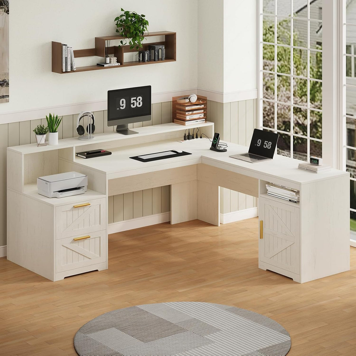 63" Farmhouse L Shaped Desk with Drawers & Printer Shelf for Home Office