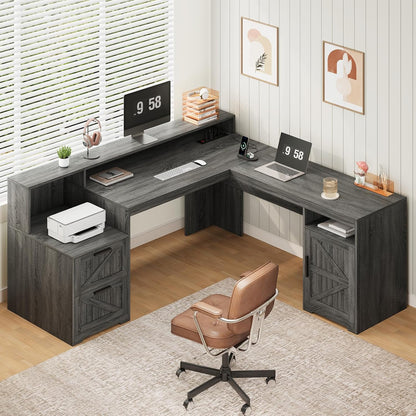 63" Farmhouse L Shaped Desk with Drawers & Printer Shelf for Home Office