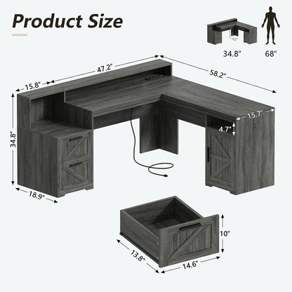 63" Farmhouse L Shaped Desk with Drawers & Printer Shelf for Home Office