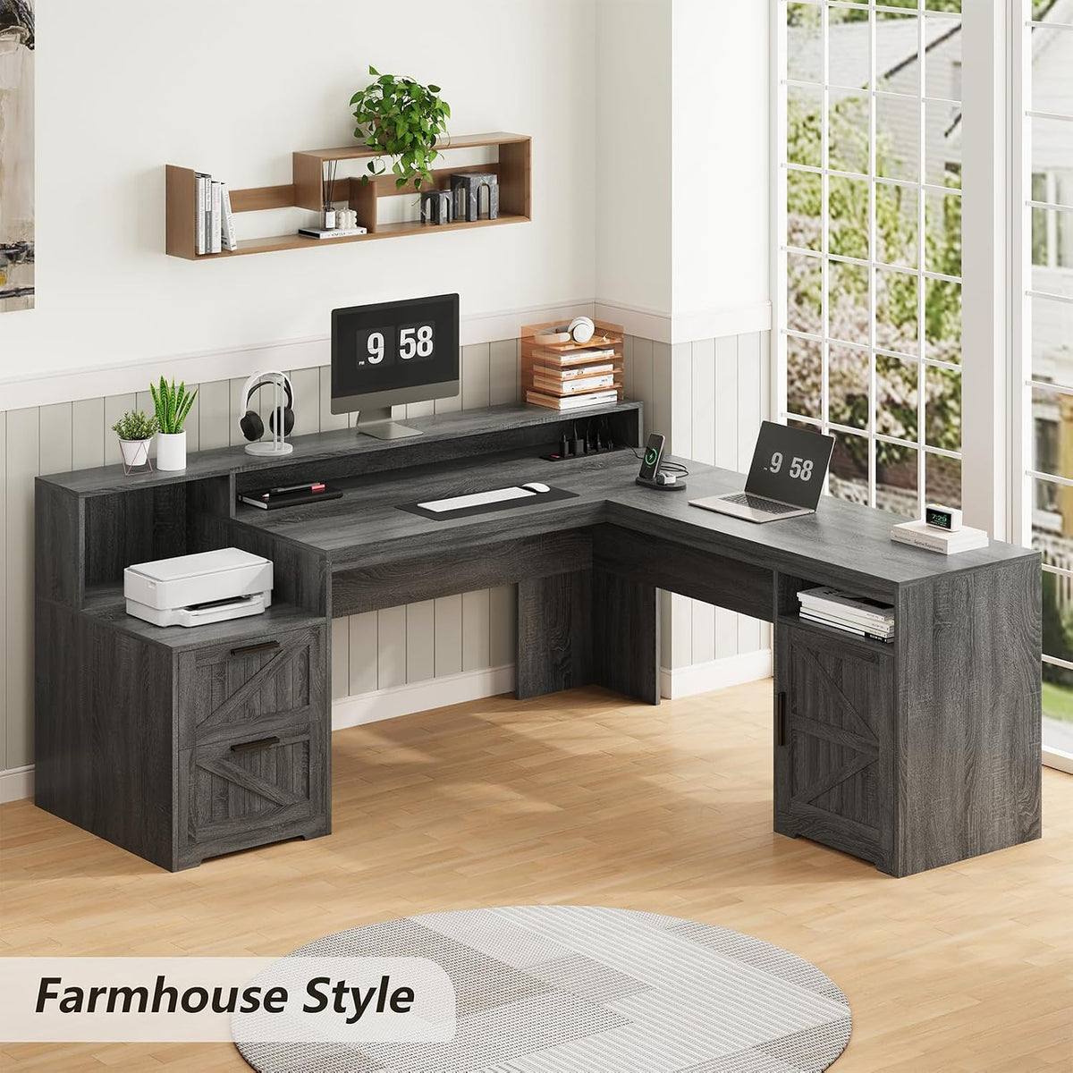63" Farmhouse L Shaped Desk with Drawers & Printer Shelf for Home Office