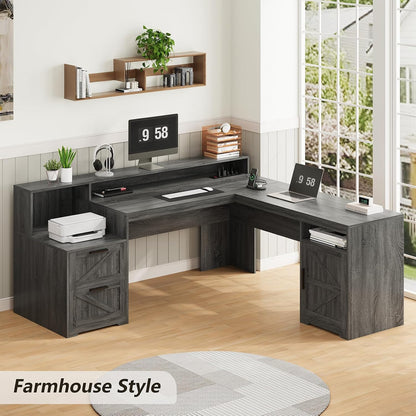 63" Farmhouse L Shaped Desk with Drawers & Printer Shelf for Home Office