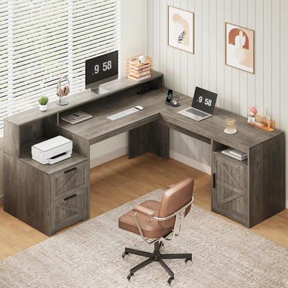 63" Farmhouse L Shaped Desk with Drawers & Printer Shelf for Home Office