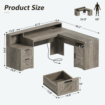 63" Farmhouse L Shaped Desk with Drawers & Printer Shelf for Home Office