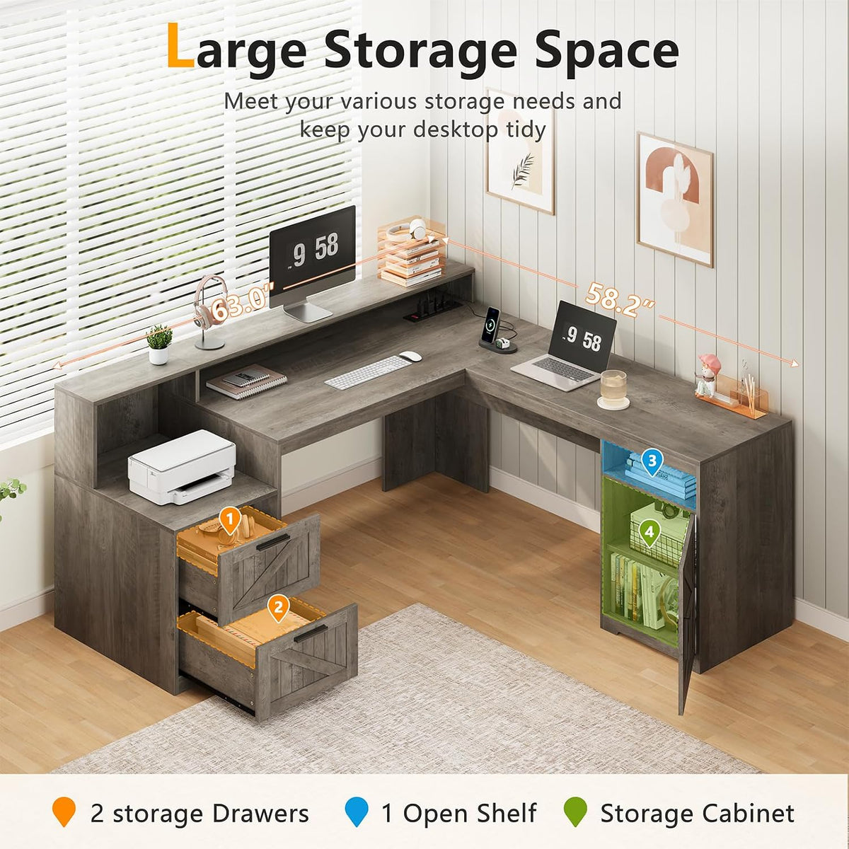 63" Farmhouse L Shaped Desk with Drawers & Printer Shelf for Home Office