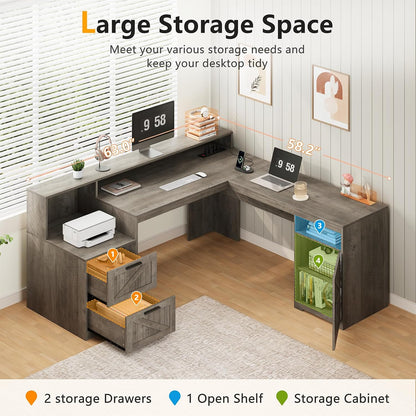 63" Farmhouse L Shaped Desk with Drawers & Printer Shelf for Home Office