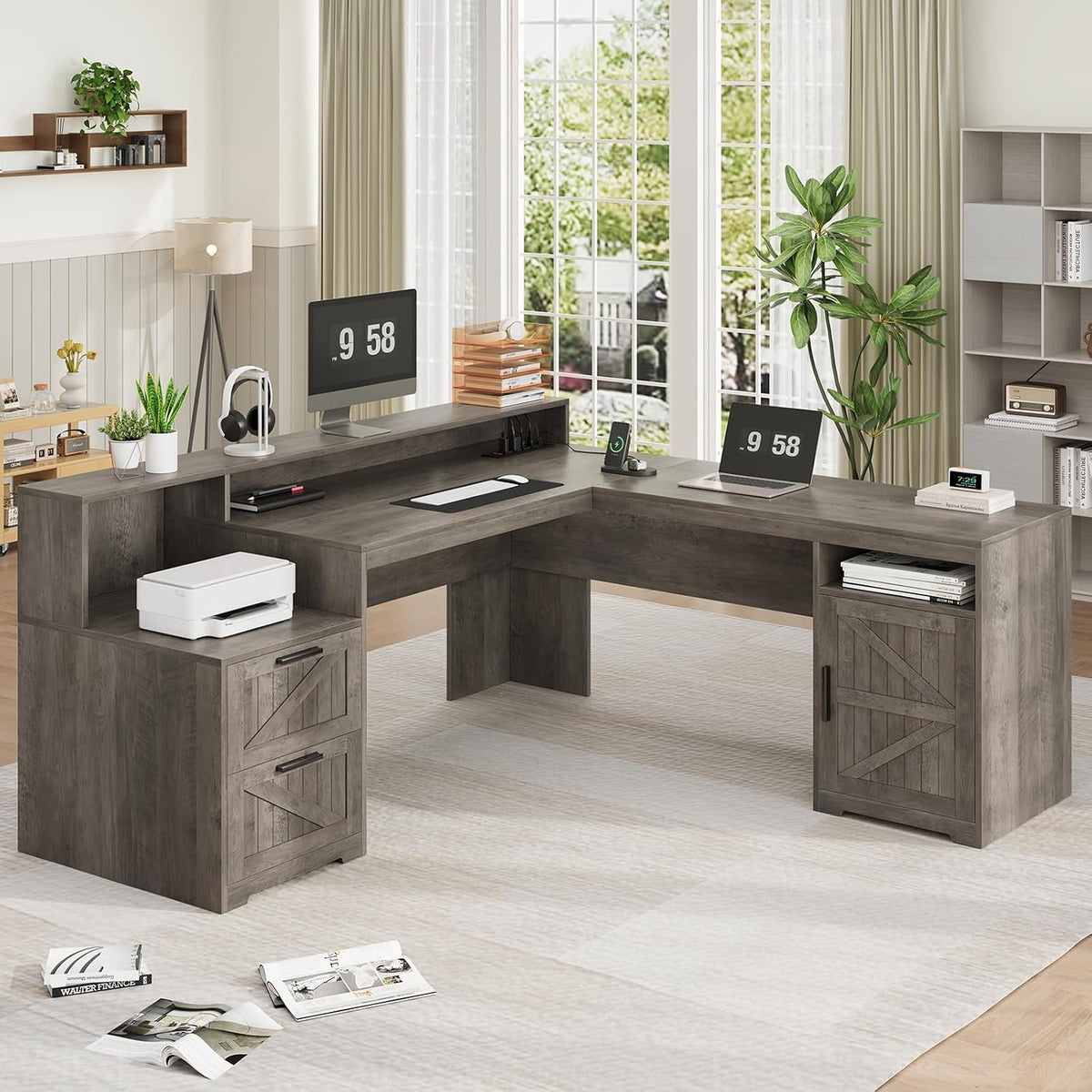 63" Farmhouse L Shaped Desk with Drawers & Printer Shelf for Home Office