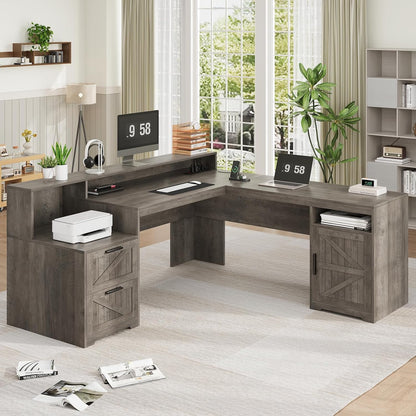 63" Farmhouse L Shaped Desk with Drawers & Printer Shelf for Home Office