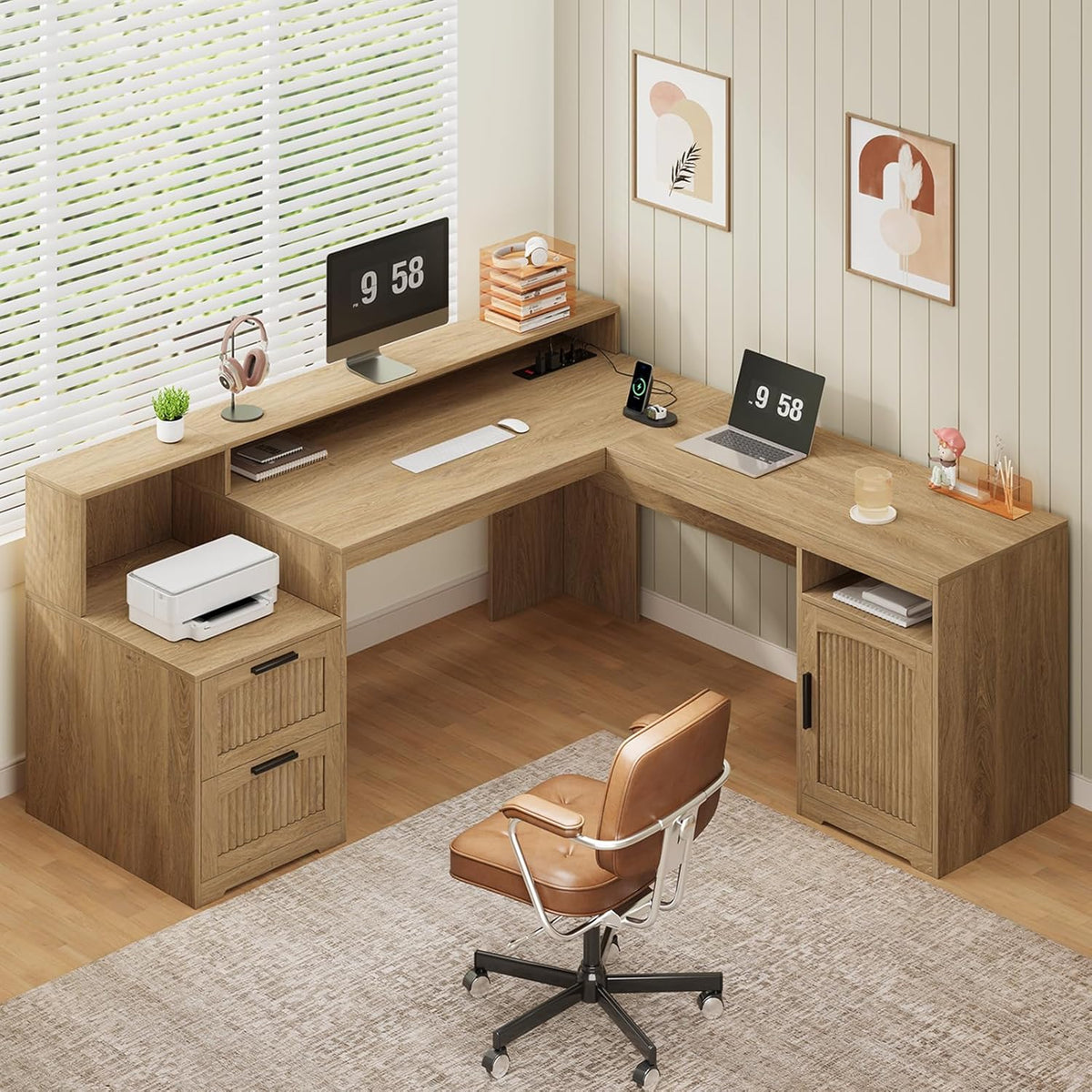 63" Farmhouse L Shaped Desk with Drawers & Printer Shelf for Home Office
