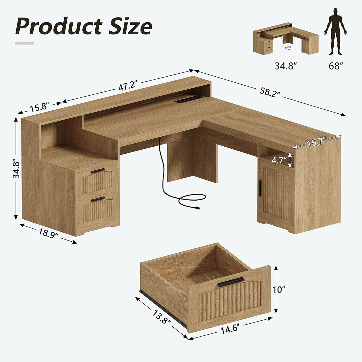 63" Farmhouse L Shaped Desk with Drawers & Printer Shelf for Home Office