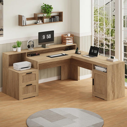 63" Farmhouse L Shaped Desk with Drawers & Printer Shelf for Home Office