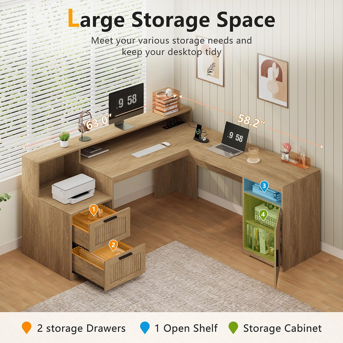 63" Farmhouse L Shaped Desk with Drawers & Printer Shelf for Home Office