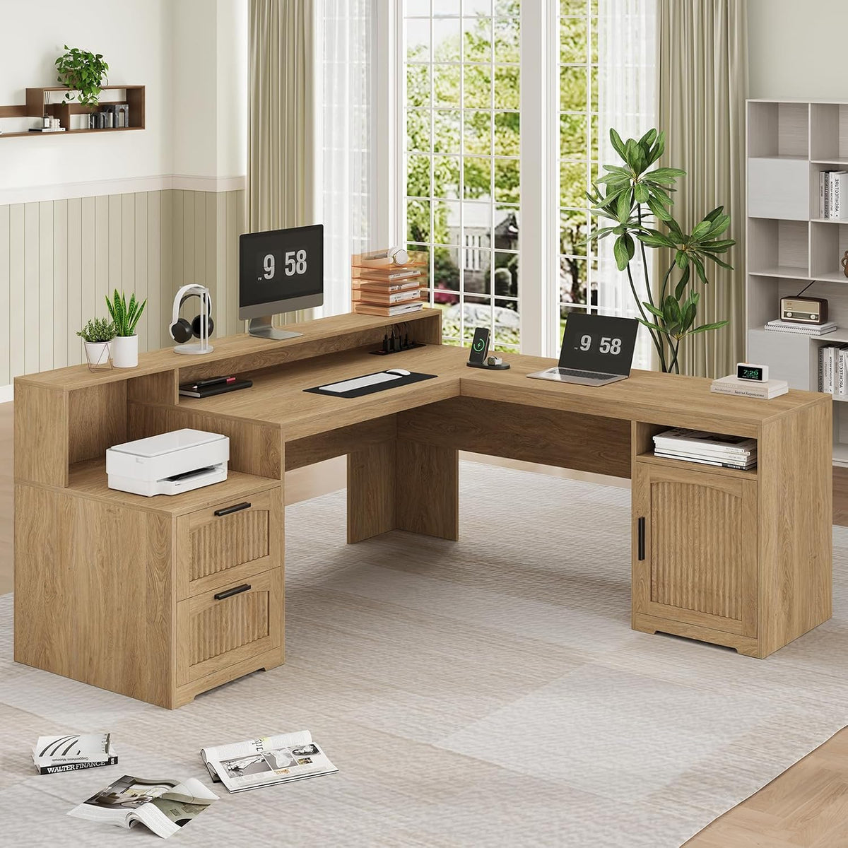 63" Farmhouse L Shaped Desk with Drawers & Printer Shelf for Home Office