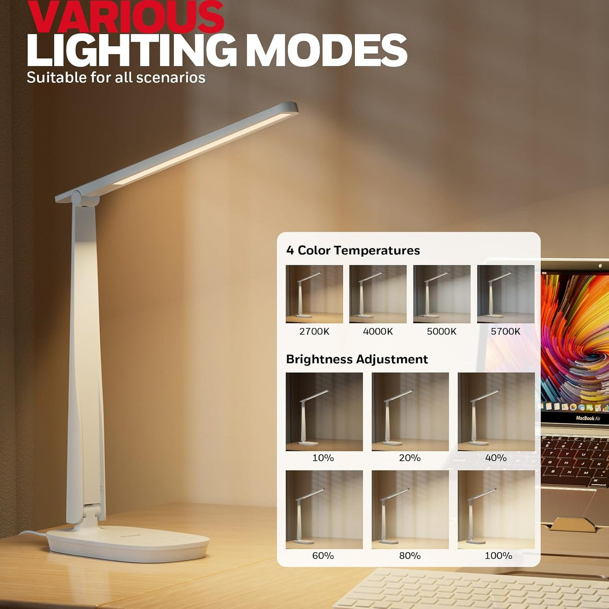 Honeywell HWT-H2 LED Desk Lamp, Eye-Caring Full Spectrum, USB Charging